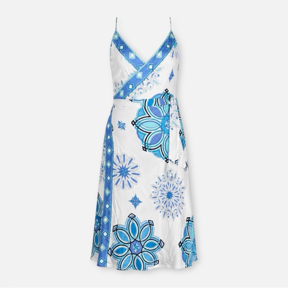 Emilio Pucci Blue Silk Geometric Print Halter Wrap Midi Dress
